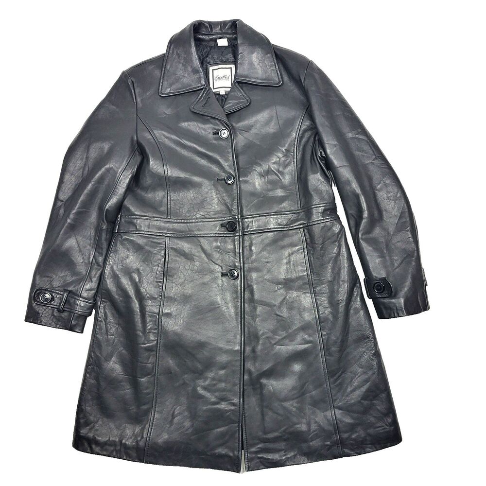 Excelled Collection Women's Black Leather Lined Button Up Coat Size L